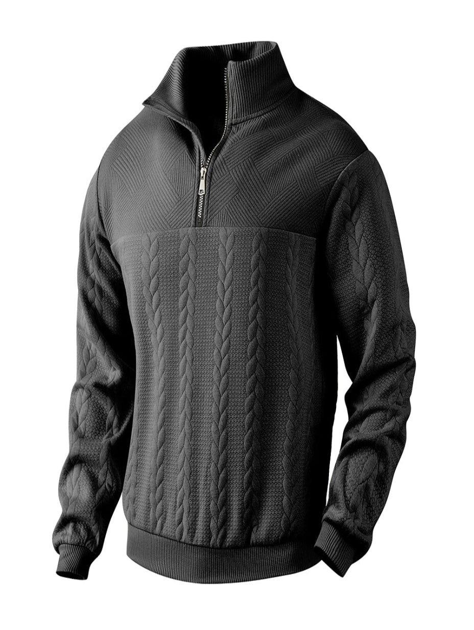 Herrstickad halvzip-tröja med ståkrage och flätmönster