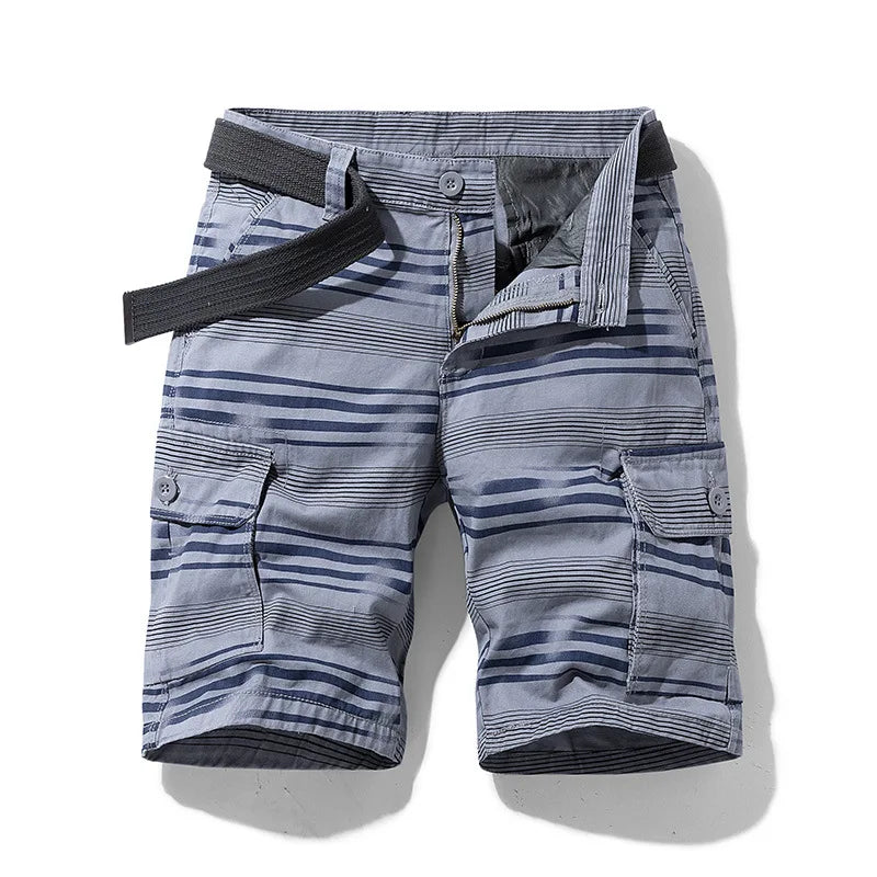 Herrshorts för Våren – Lätta Cargo Shorts med Flera Fickor och Randigt Mönster