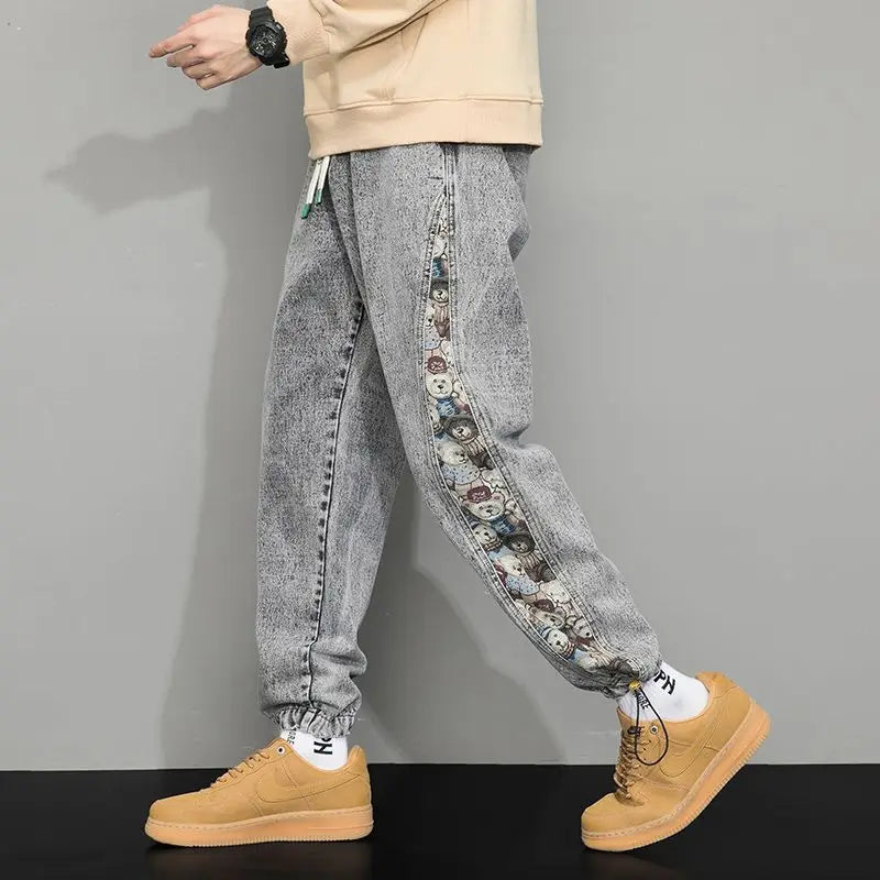 Herr Denim Joggerbyxor Björnmönster Avslappnad Passform