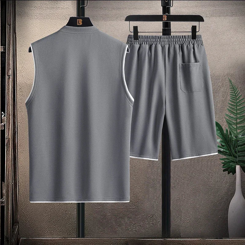 Herr Sommar Tvådelat Set Ärmlös Topp Dragsko Shorts