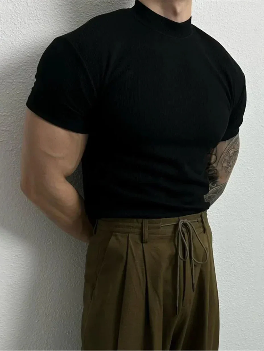 Herr T-shirt med Kort Ärms och Halvhög Krage Snabbtorkande Fuktabsorberande Slim Fit