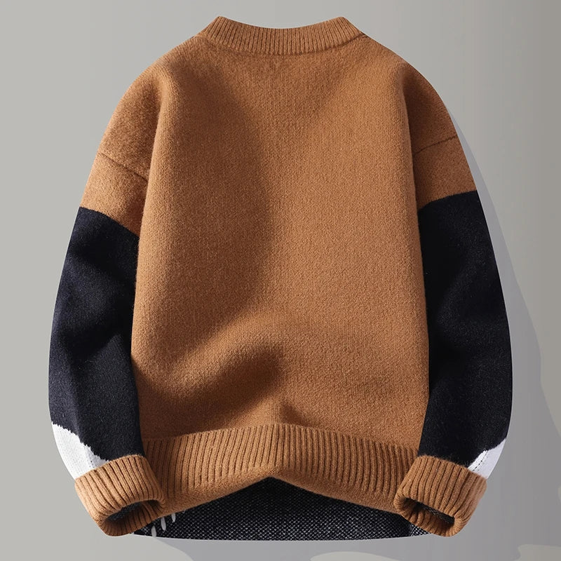 Herr Pullover Med Geometrisk Färgblockering Och Ribbad Nederkant