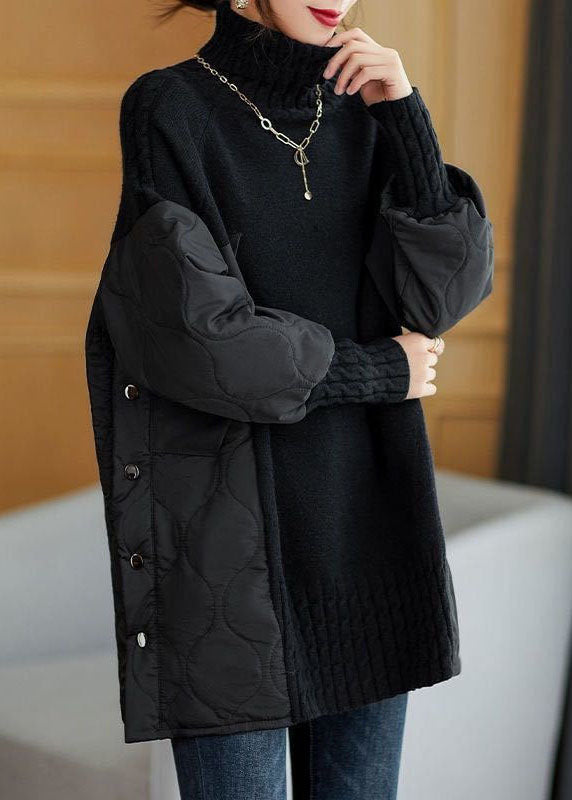 Stickad Hösttröja Med Polotröja, Lapptäckningsmönster Och Lös Passform För Kvinnor