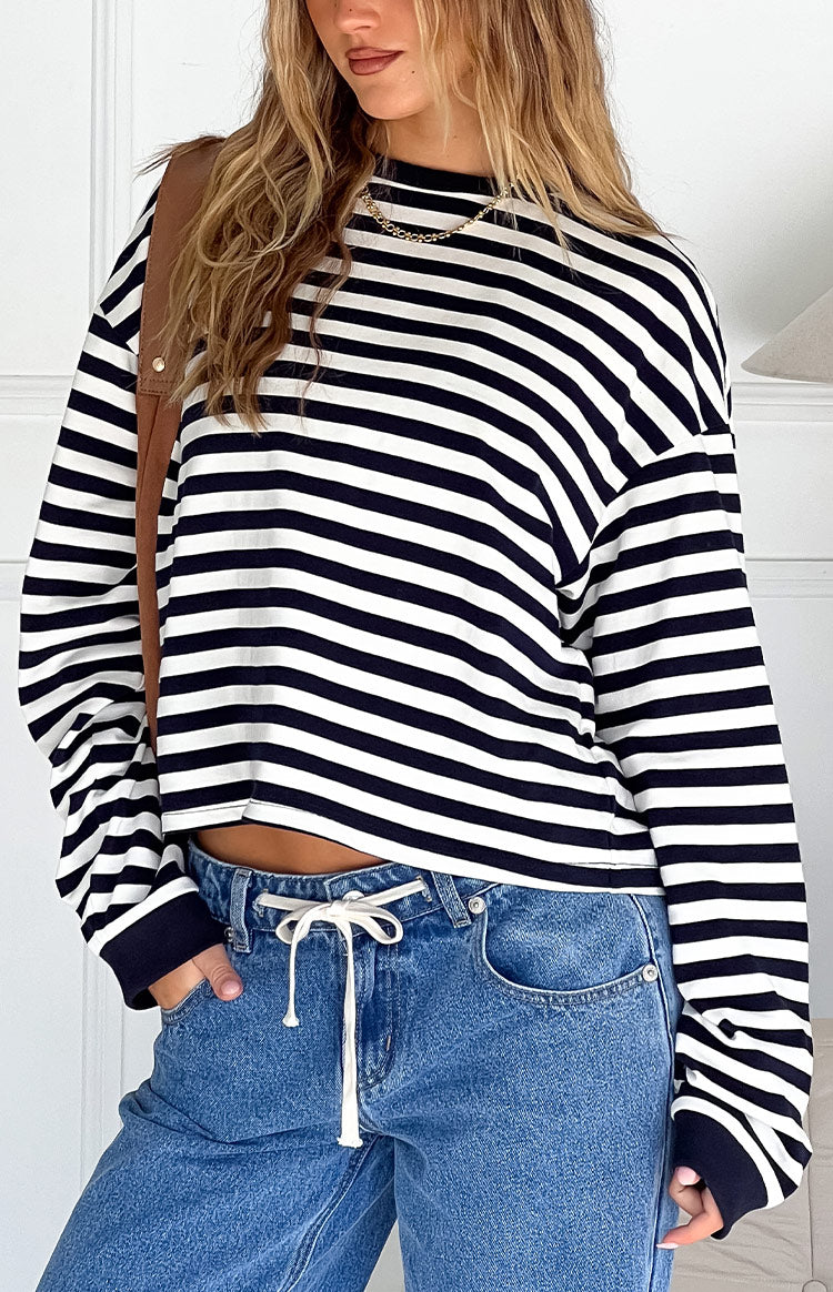 Långärmad Topp För Kvinnor, Marinblå Randig, Lös Passform