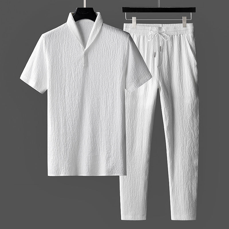 Herr Sommarloungewear Set Kortärmad Topp Sjalkrage Matchande Byxor