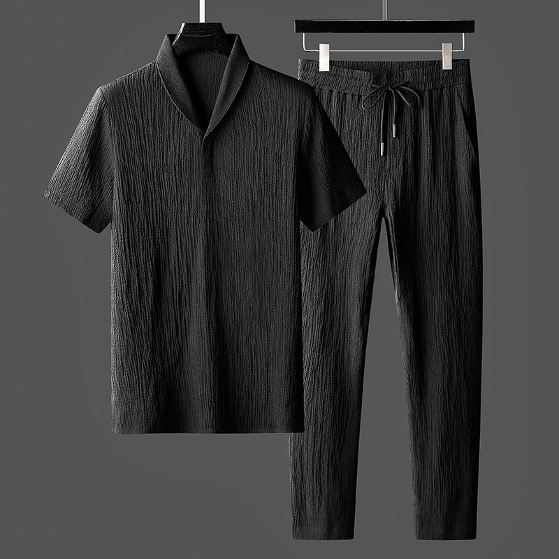 Herr Sommarloungewear Set Kortärmad Topp Sjalkrage Matchande Byxor