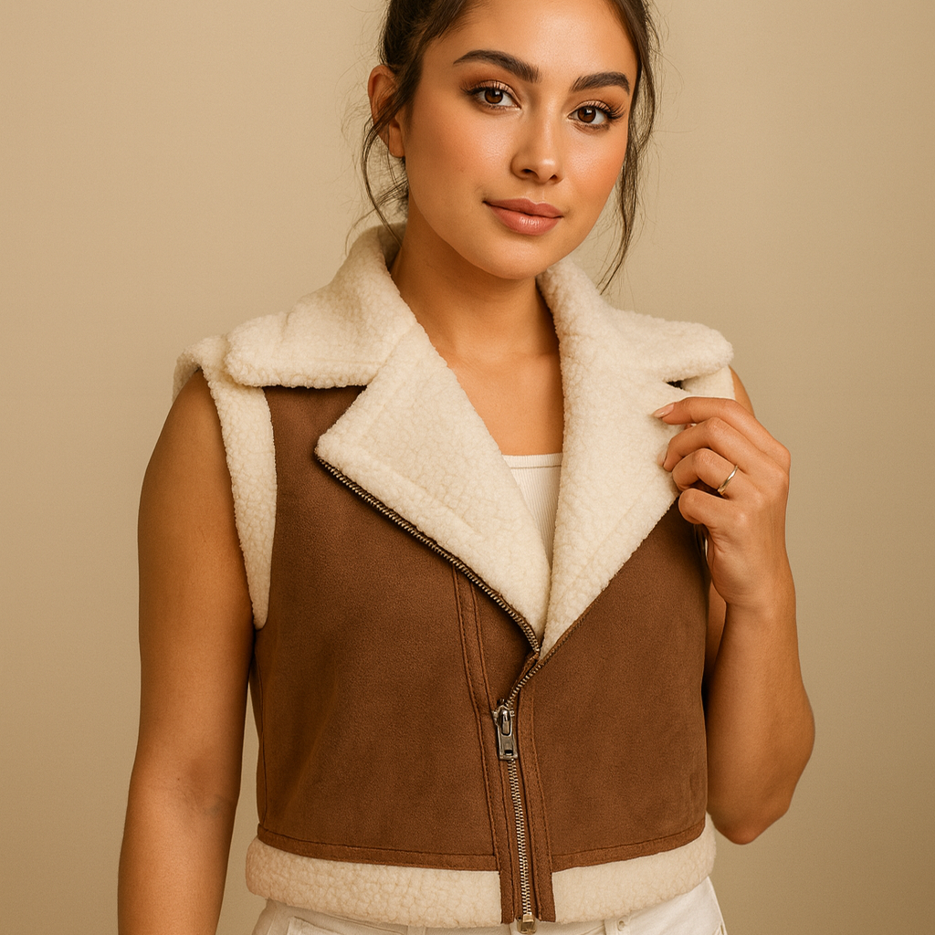 Kvinna Vinter Teddyväst Med Dragkedja Och Ärmlös Design