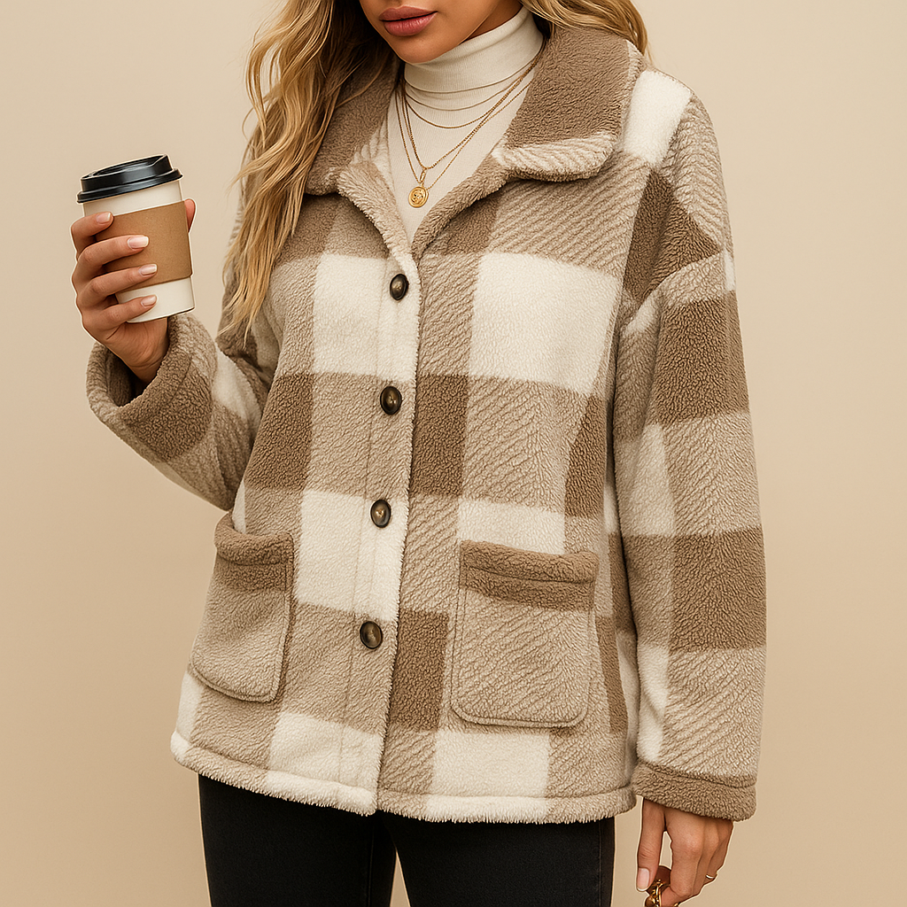 Kvinnors vinterjacka med rutigt mönster, tryckknappsstängning och bröstfickor