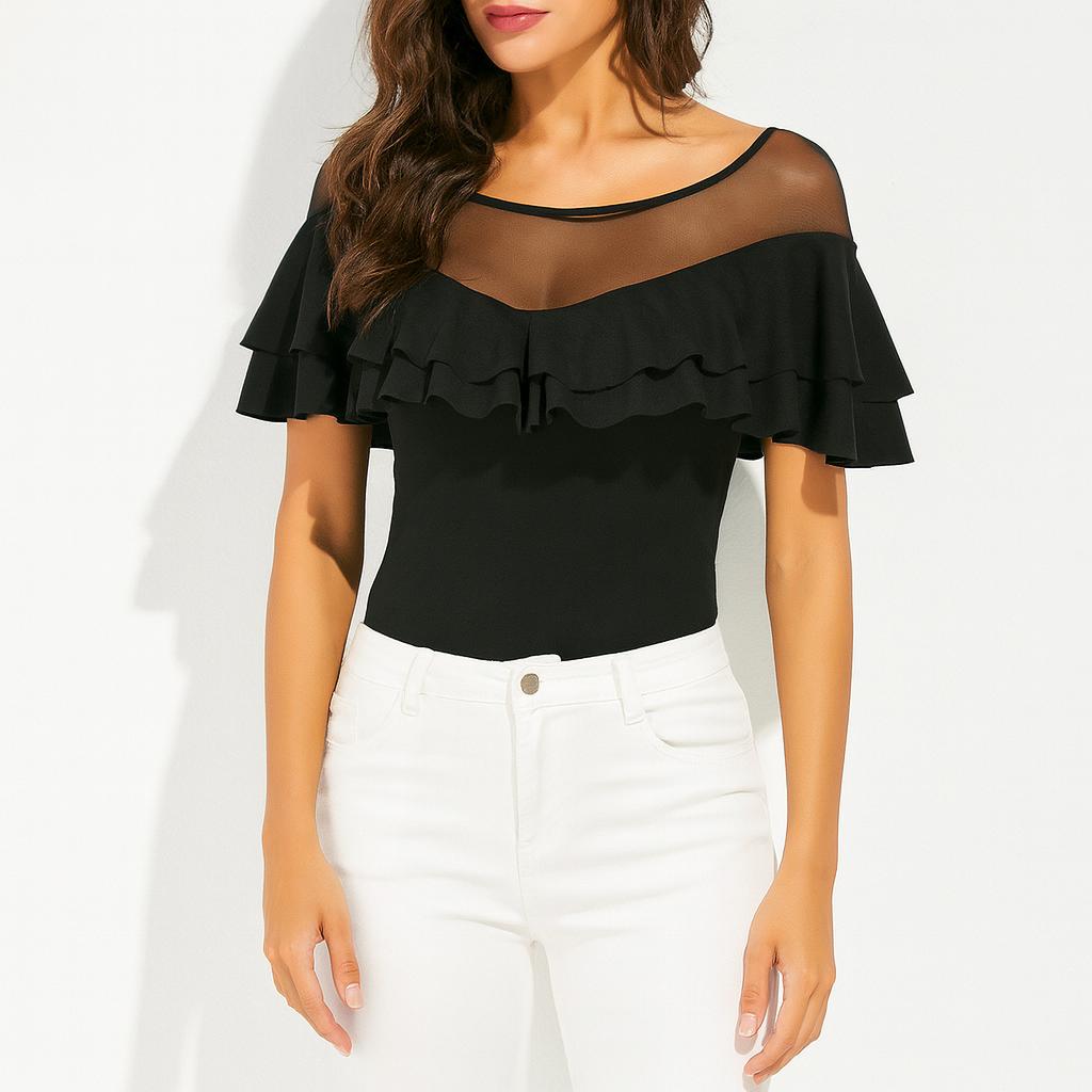 Elegant långärmad topp för kvinnor med transparent insats och rynkor, tillverkad i Italien