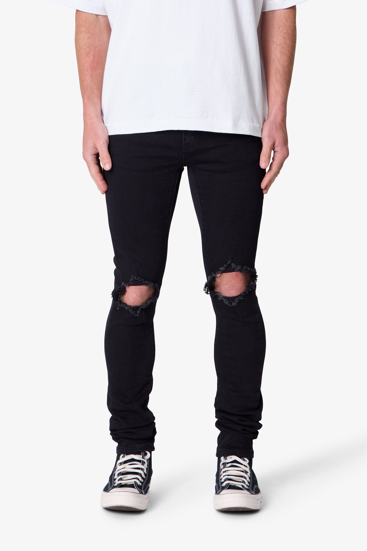 Herr Skinny Jeans Svarta Tvättade Stretchiga Denimmodell Knäbyxor Förlängd Innersöm
