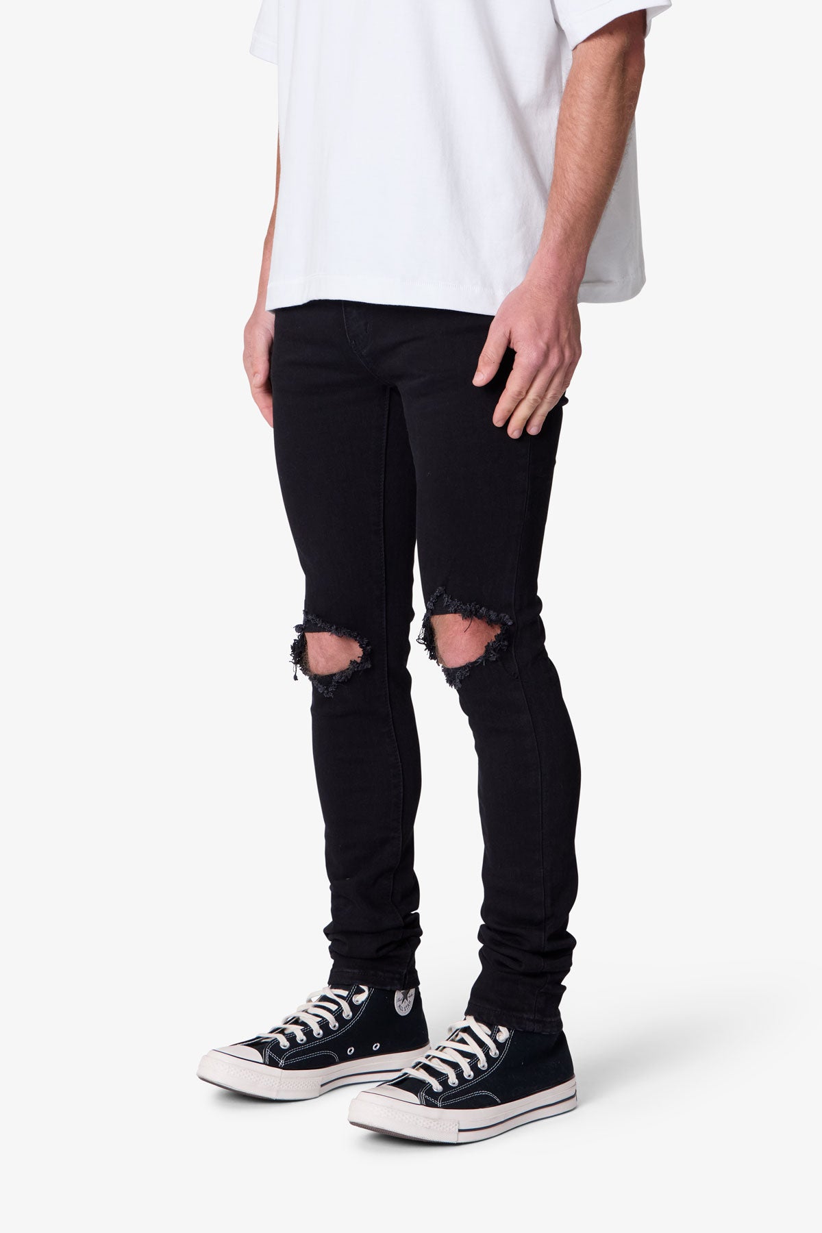 Herr Skinny Jeans Svarta Tvättade Stretchiga Denimmodell Knäbyxor Förlängd Innersöm