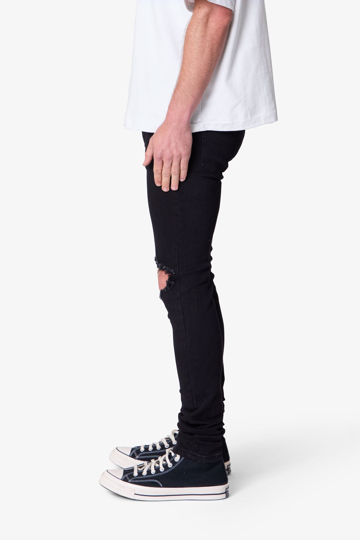 Herr Skinny Jeans Svarta Tvättade Stretchiga Denimmodell Knäbyxor Förlängd Innersöm