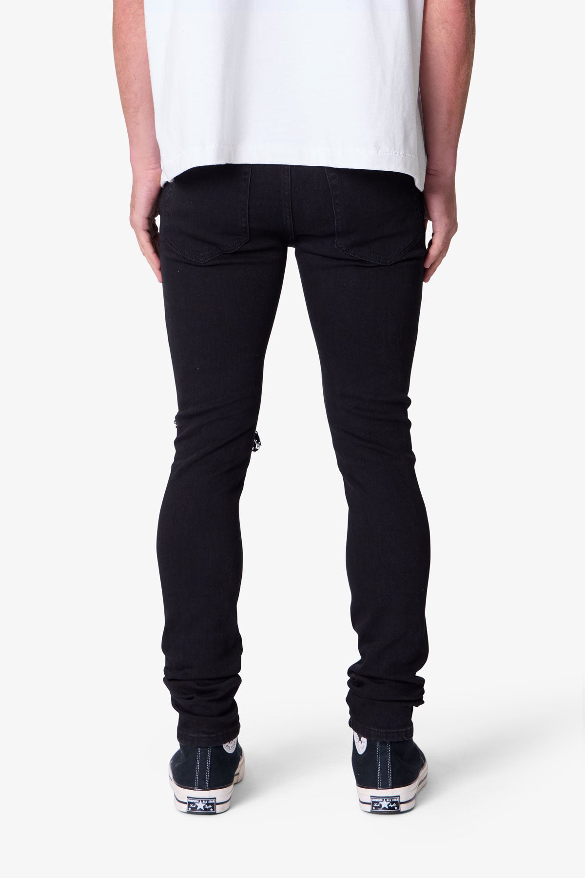 Herr Skinny Jeans Svarta Tvättade Stretchiga Denimmodell Knäbyxor Förlängd Innersöm
