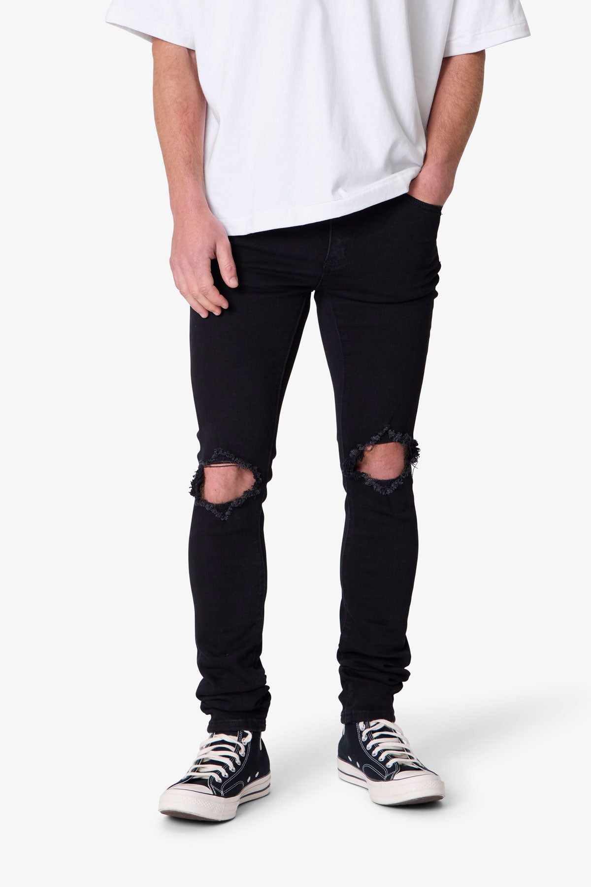 Herr Skinny Jeans Svarta Tvättade Stretchiga Denimmodell Knäbyxor Förlängd Innersöm