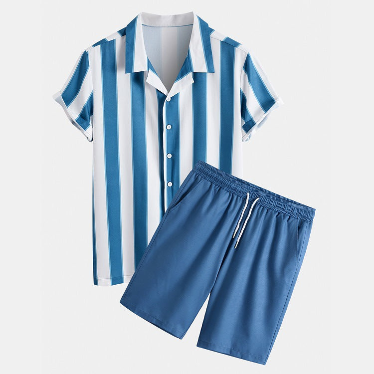 Herr Kortärmad Blommig Randig Skjorta Shorts Tvådelat Set Bomull Polyester Blandning Fritidsoutfit Grön Blå Färgalternativ