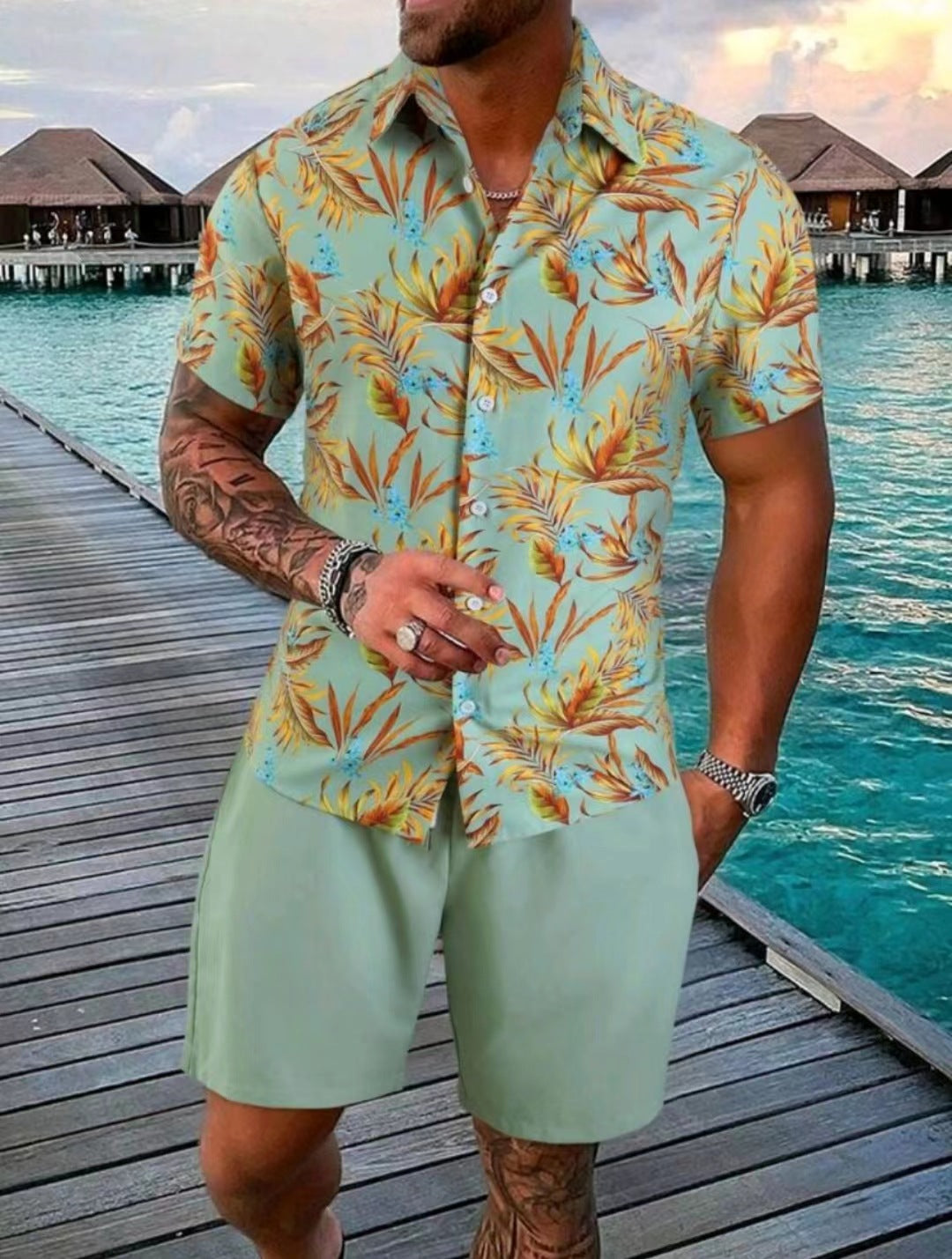 Herr Sommarshortsset Kortärmad T-Shirt Och Shorts Bomullsblandning