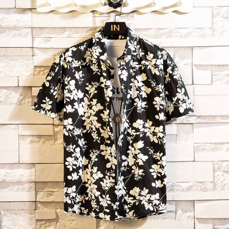 Herr Sommar Blommigt Mönster Kortärmad Skjorta Slagkrage Slim Fit Kofta Stil Multifärgad