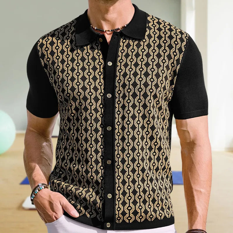 Herr Kortärmad Kofta Med Slagmönster Geometrisk Jacquard Flockad Knapptröja