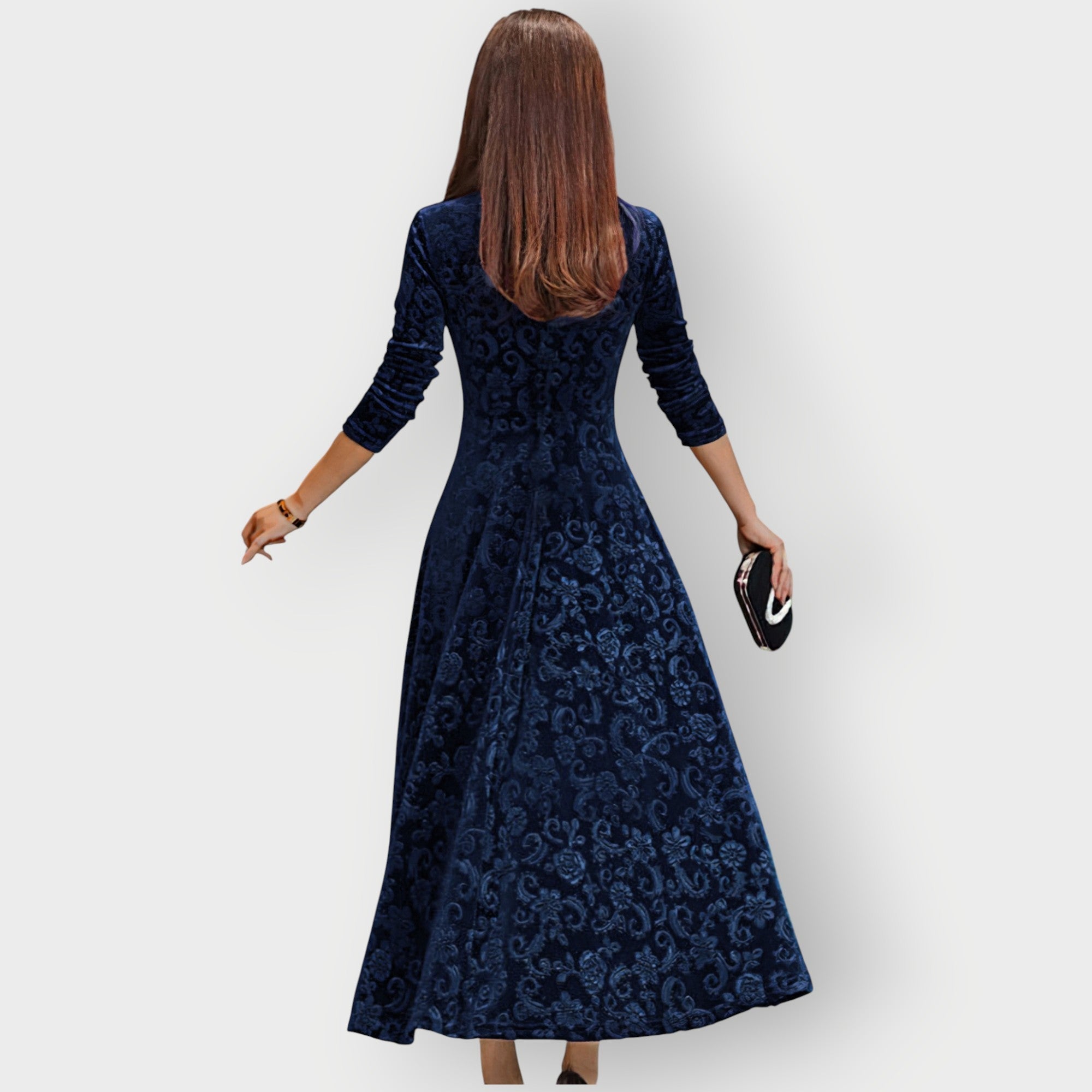 Kvinnoklänning Jacquard Sammet Midi V-ringad Fit-and-Flare