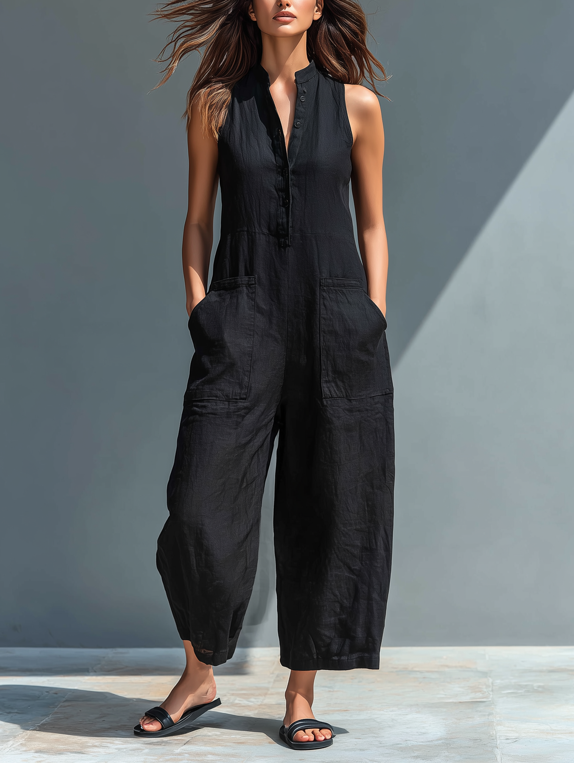 Damjumpsuit Ärmlös Mandarinkrage Framknapp Avslappnad Passform