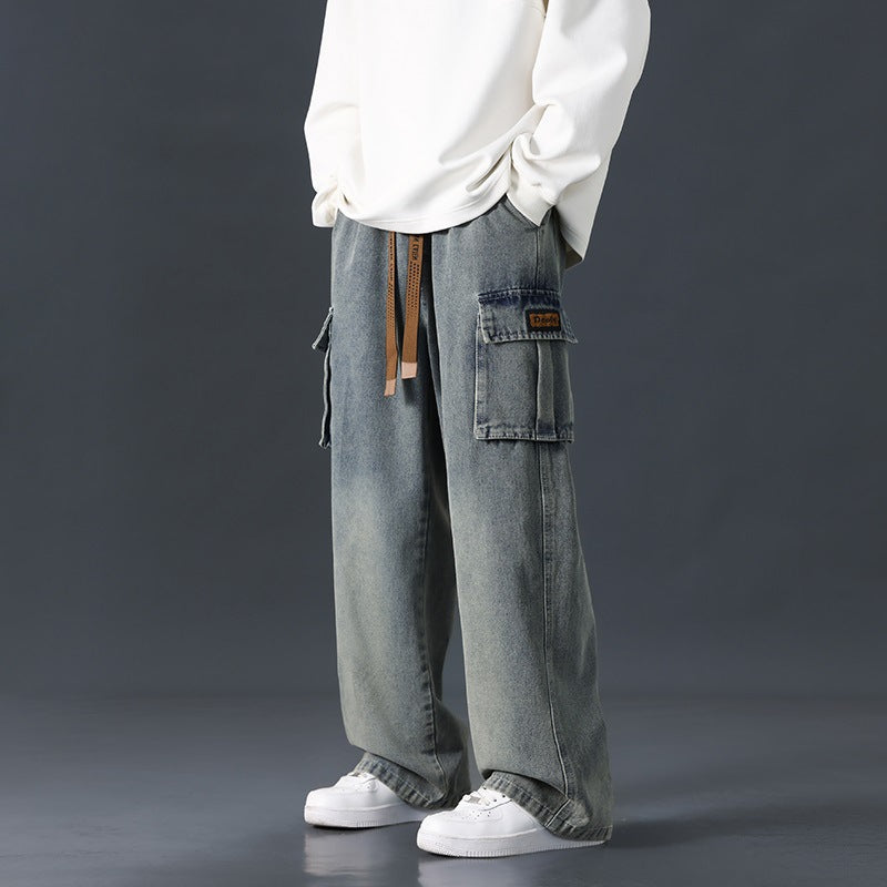Höstjeans med vida ben, rak passform, löst draperande, tonade tvättade jeans, medelhög midja, mikroelastiska