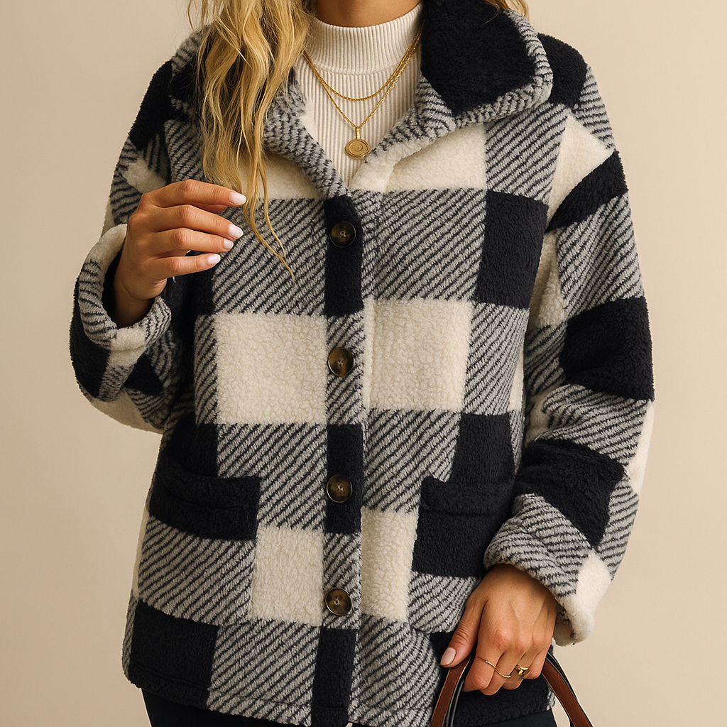 Kvinnors vinterjacka med rutigt mönster, tryckknappsstängning och bröstfickor