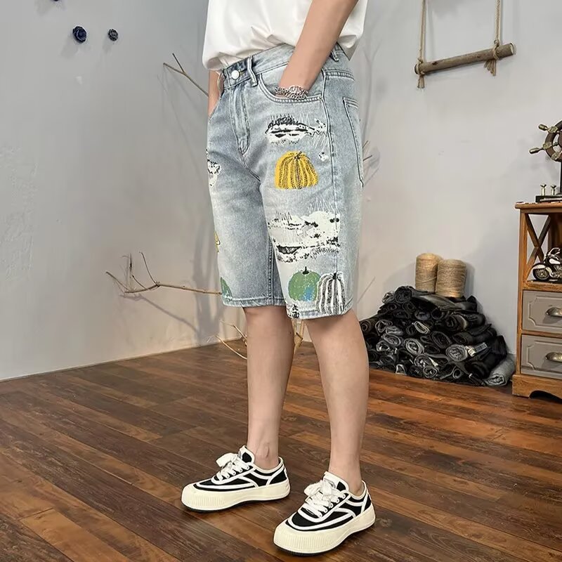 Herr Sommar Croppad Shorts Ljustvättad Sliten Riven Avslappnad Passform