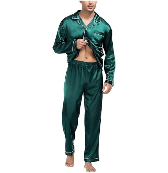Dampyjamaset Med Lång Ärm Och Lös Passform, Topp Och Byxor Med Knappar Framtill, Issilkeskänsla