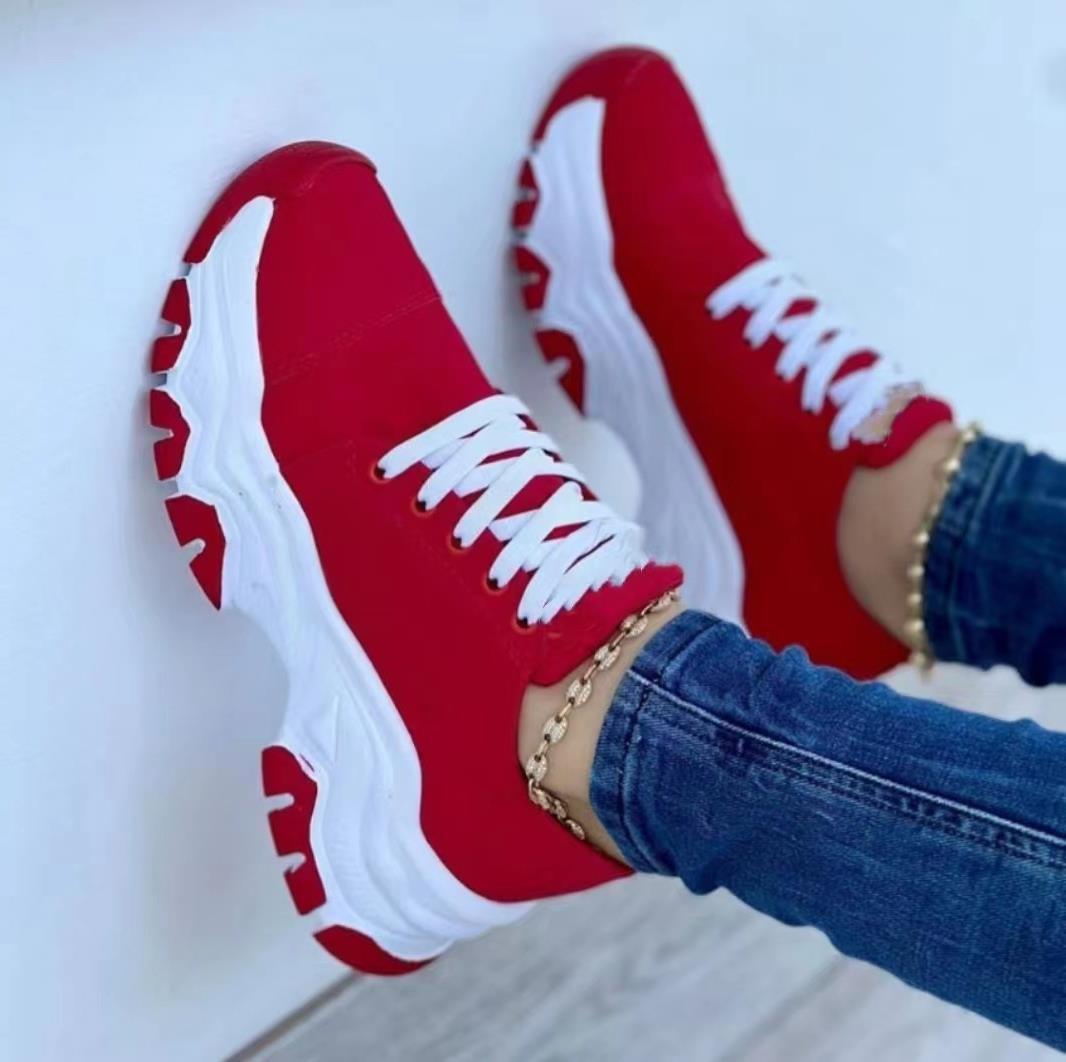 Dam Sommar Platå Sport Flats Sneakers Med Snörning Rund Tå Med Medelhög Klack