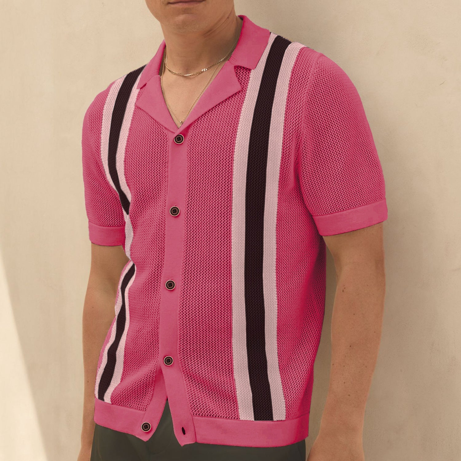 Men Summer Färg Block Short Sleeve Cuban Collar Knitted Cardigan