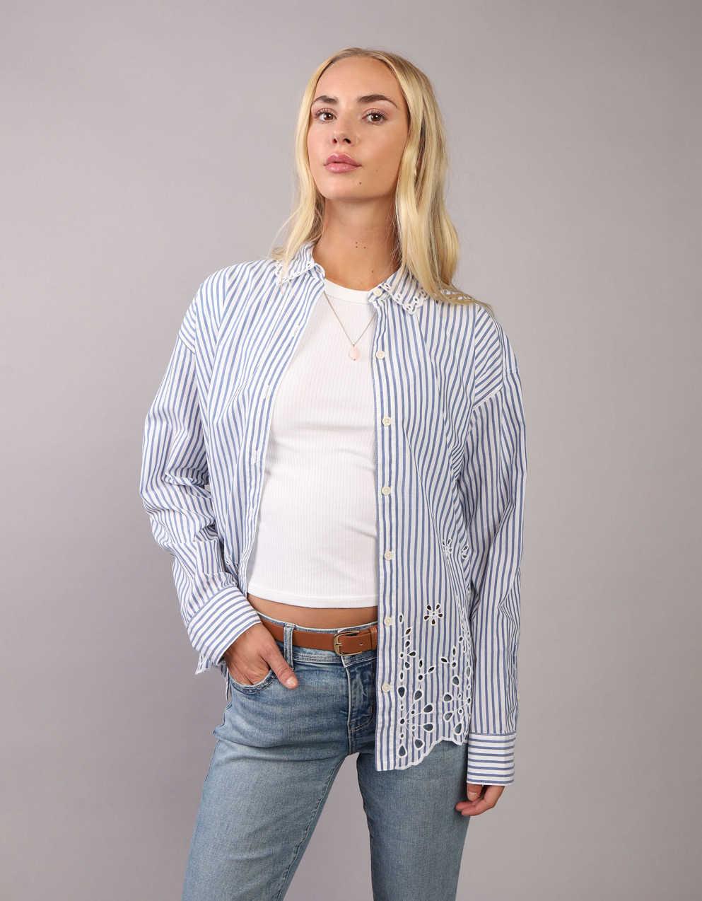 Dam Skjorta Med Broderi Och Krage