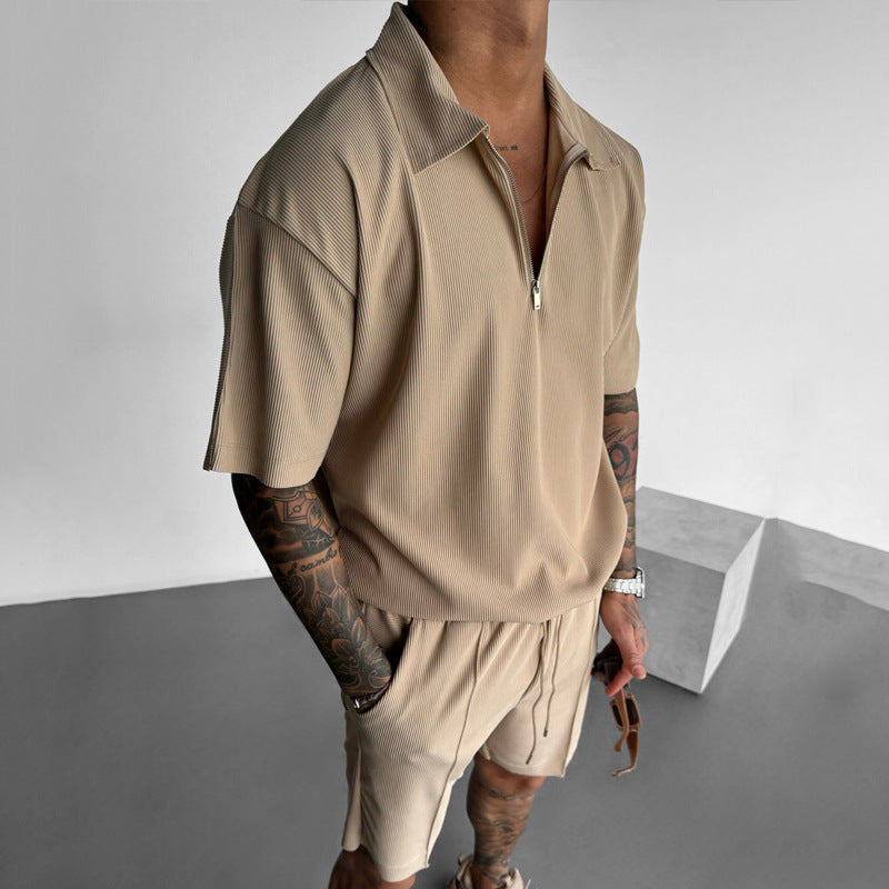 Herrpolo med dragkedja och shorts, tvådelat set, bomullsblandning, sportig och fritidsstil, sommarkläder