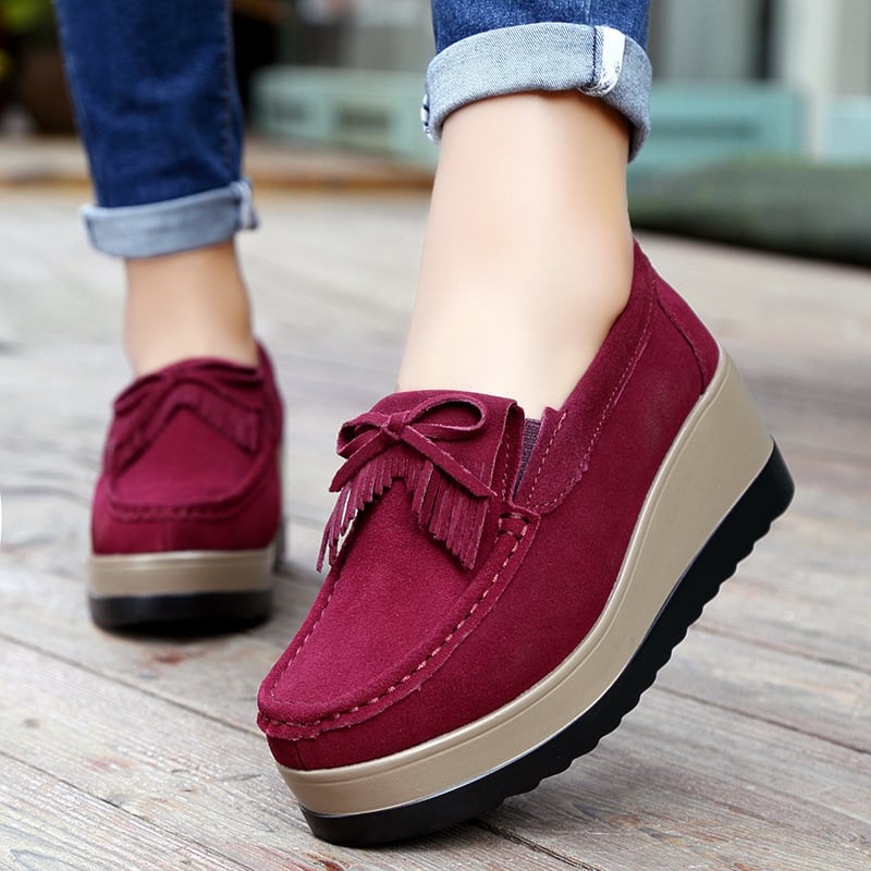 Slip-On Wedge-Skor För Kvinnor Med Tofsrosett Och Tjock Sula