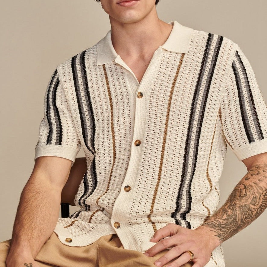 Herr Sommar Randig Ihålig Stickad Polo Kortärmad Kofta Brittisk Stil Topp