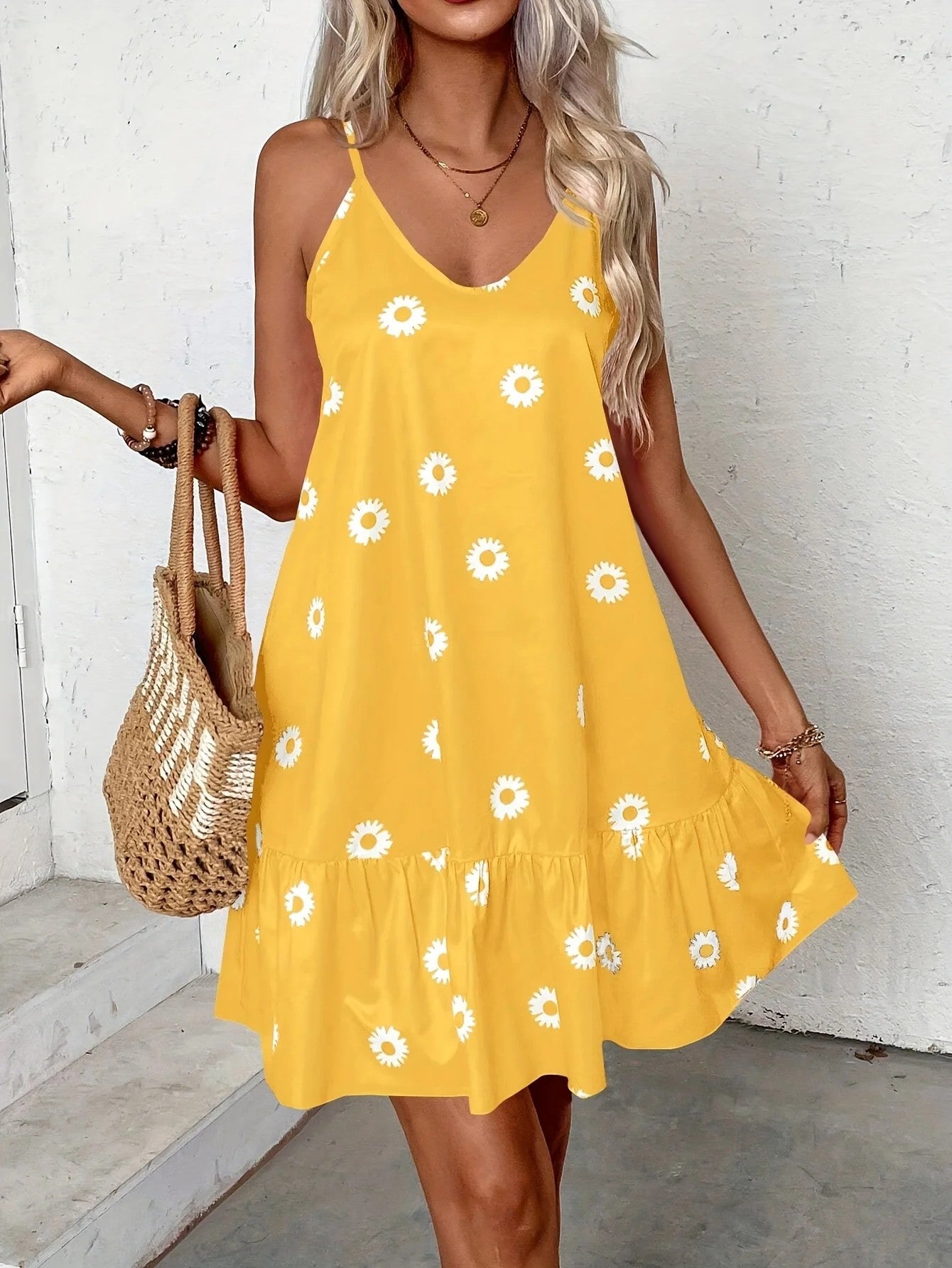 Dam Sommar Plus Size Sundress Ärmlös Volang Fåll Blommigt Tryck