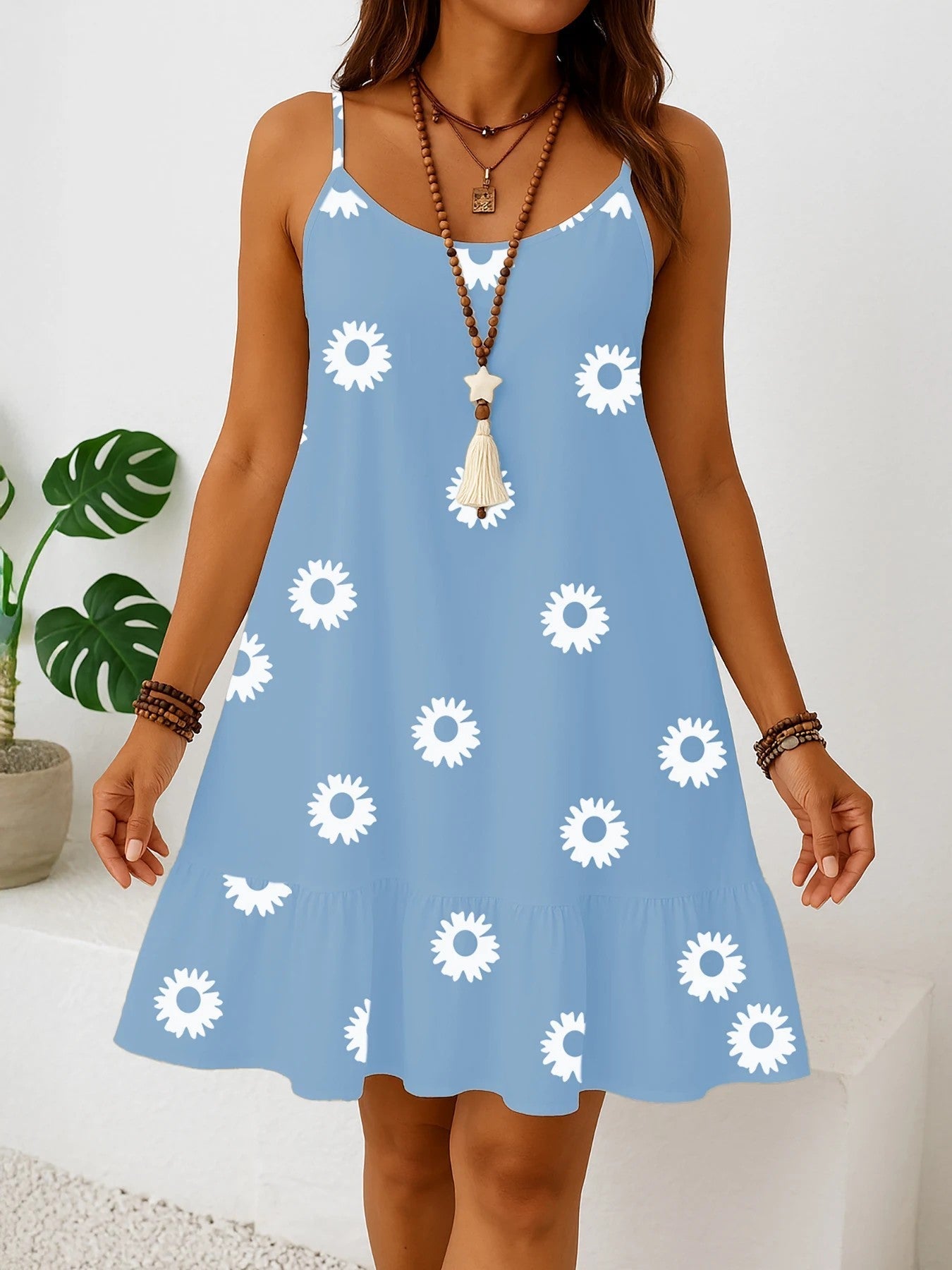 Dam Sommar Plus Size Sundress Ärmlös Volang Fåll Blommigt Tryck