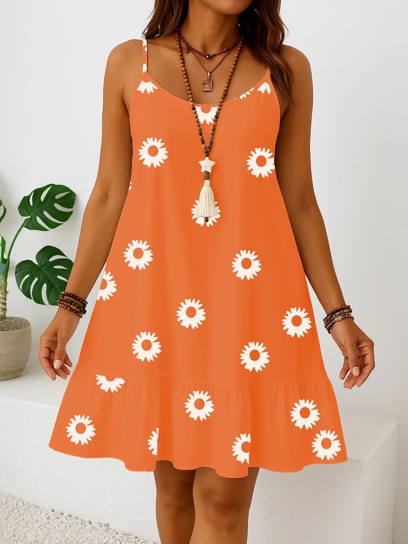 Dam Sommar Plus Size Sundress Ärmlös Volang Fåll Blommigt Tryck