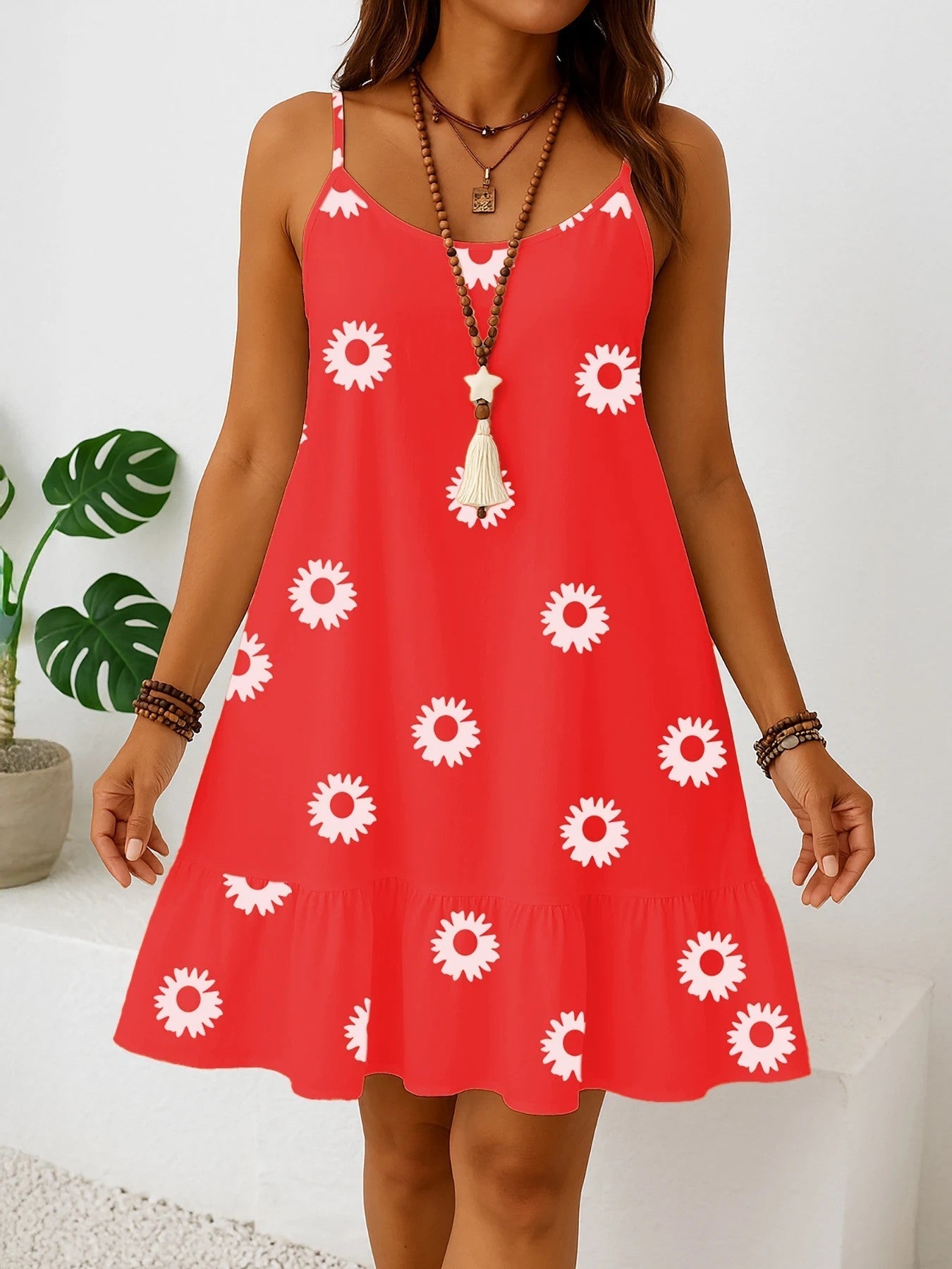 Dam Sommar Plus Size Sundress Ärmlös Volang Fåll Blommigt Tryck