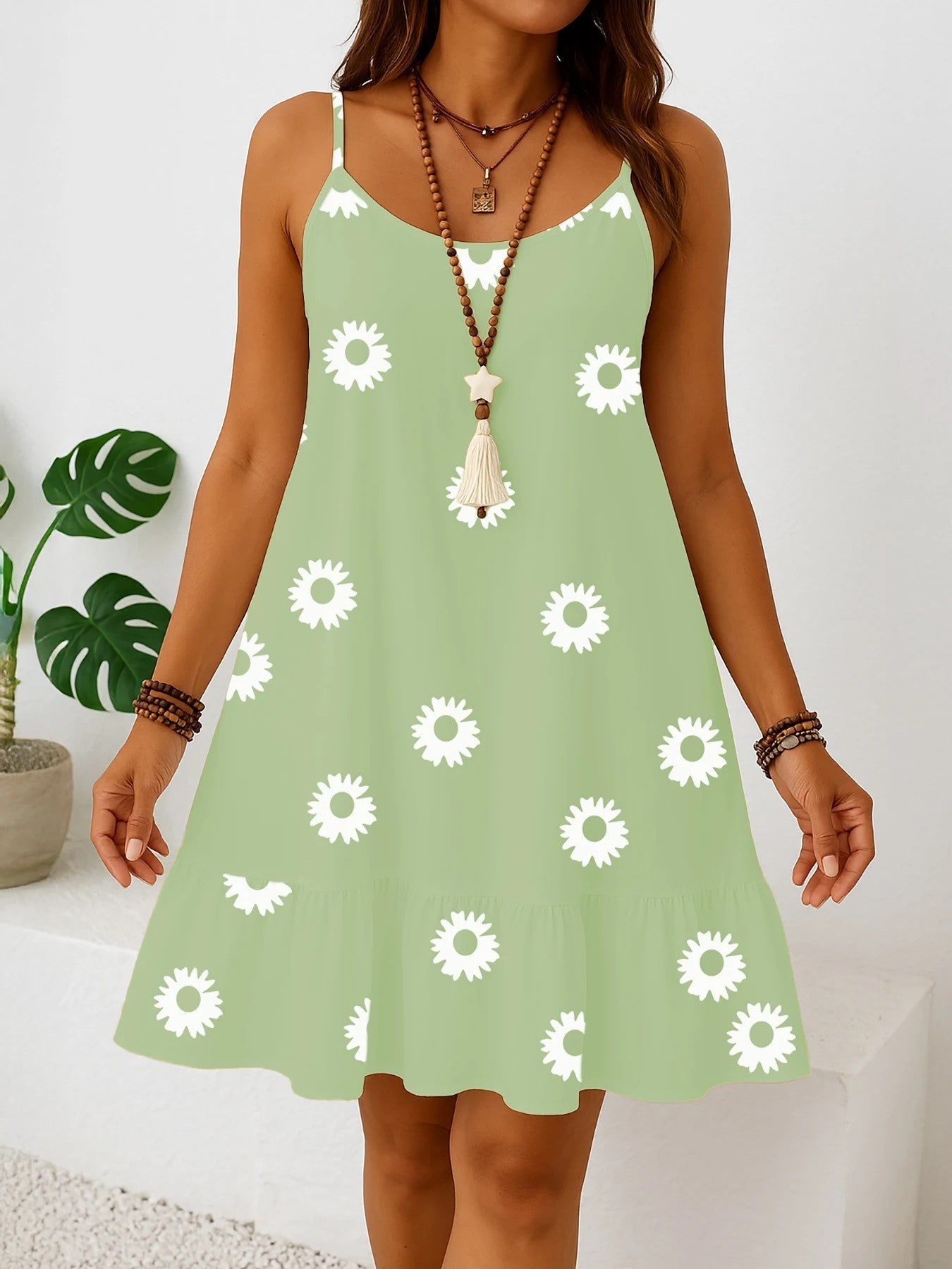 Dam Sommar Plus Size Sundress Ärmlös Volang Fåll Blommigt Tryck