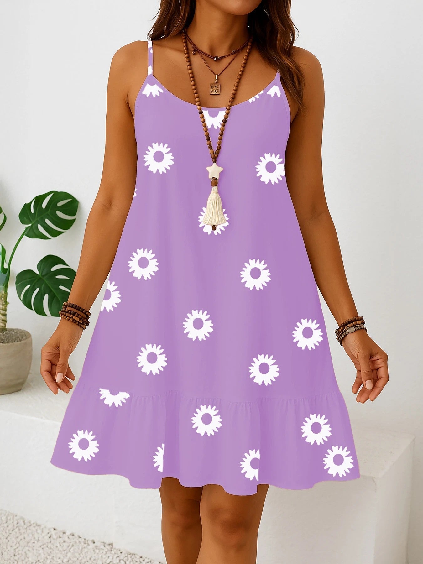 Dam Sommar Plus Size Sundress Ärmlös Volang Fåll Blommigt Tryck