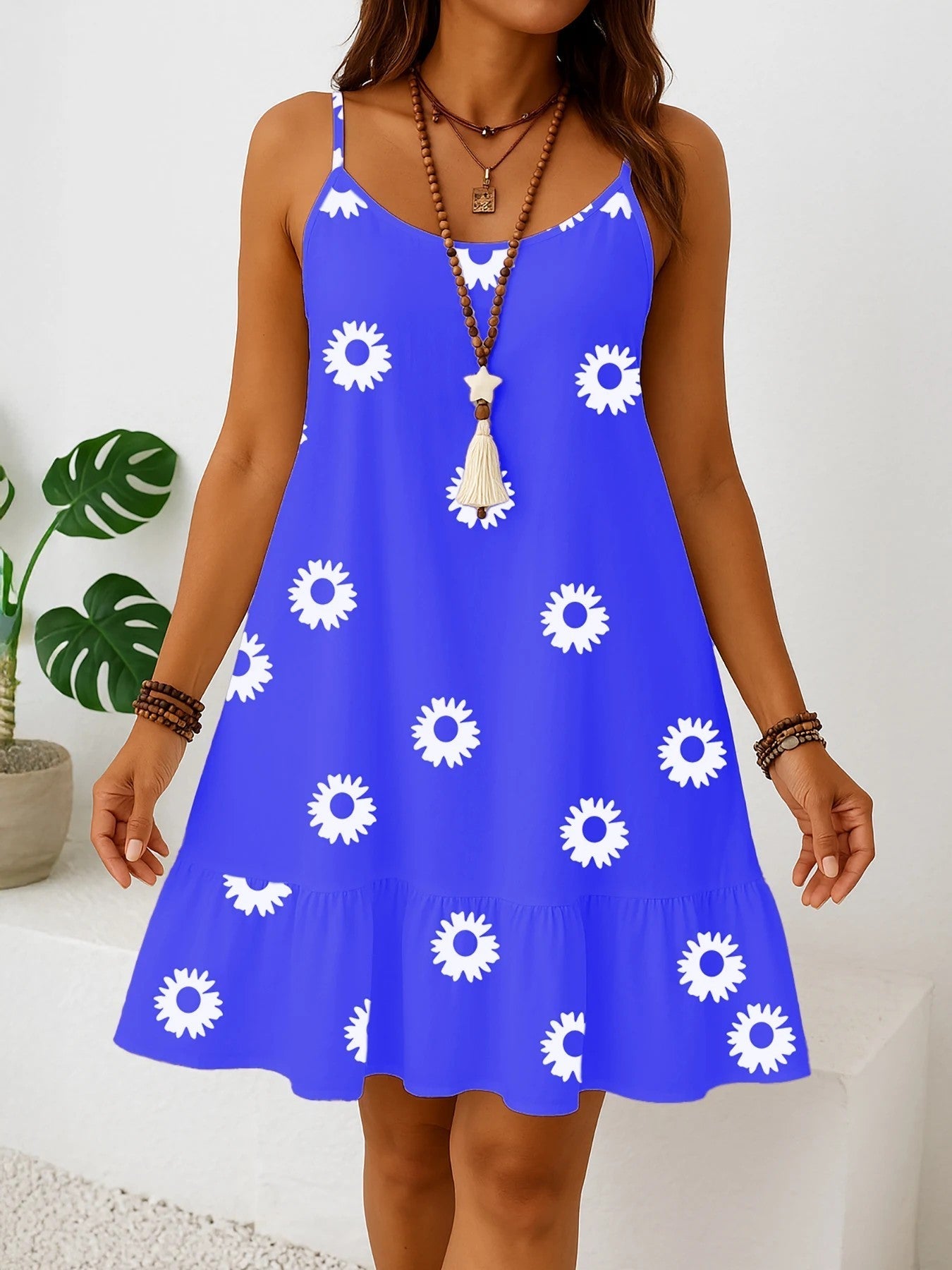 Dam Sommar Plus Size Sundress Ärmlös Volang Fåll Blommigt Tryck