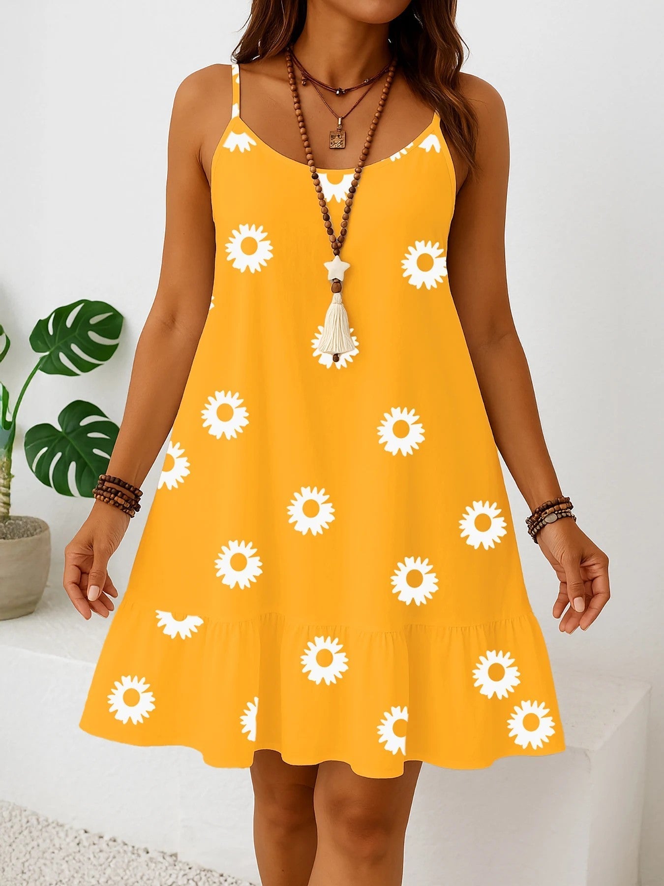 Dam Sommar Plus Size Sundress Ärmlös Volang Fåll Blommigt Tryck