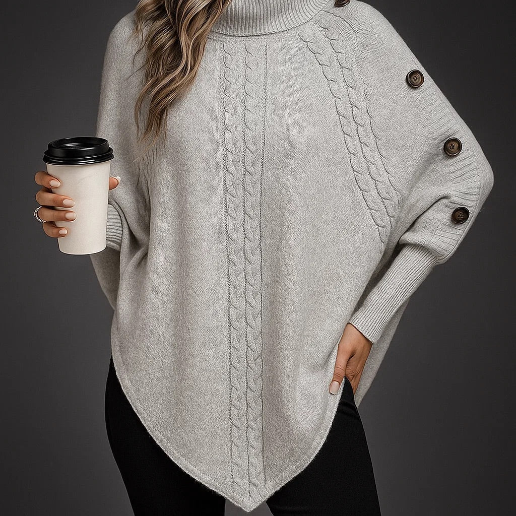 Dam Poncho Med Polokrage Kabelstickning Och Knäppbara Ärmar