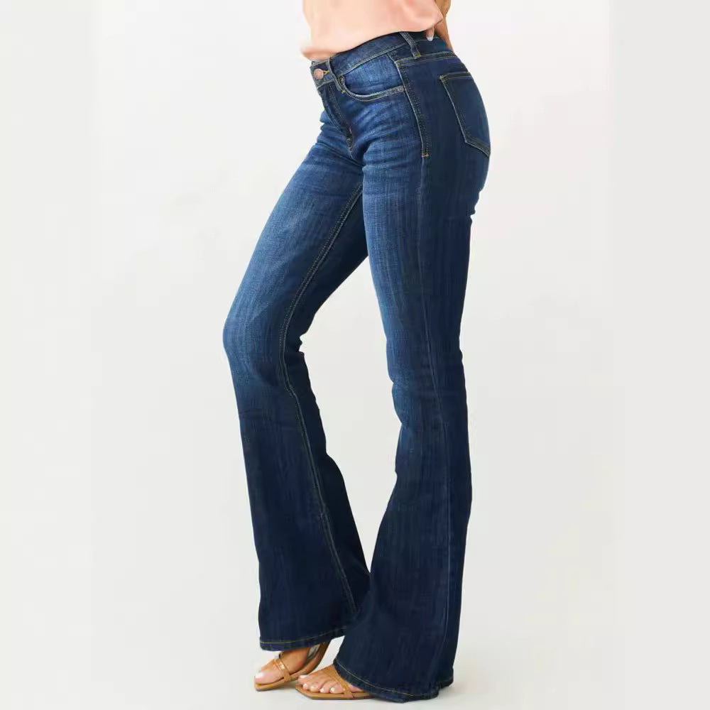 Utsvängda Jeans Med Medelhög Midja Och Sliten Bootcut-Design För Kvinnor