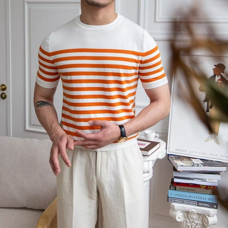 Herr Sommar Randig Kortärmad Pullover T-Shirt Halvärmad Fritidstopp