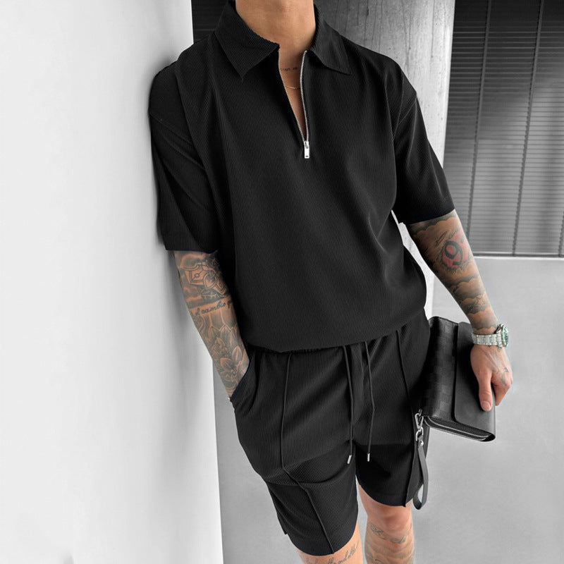 Herrpolo med dragkedja och shorts, tvådelat set, bomullsblandning, sportig och fritidsstil, sommarkläder