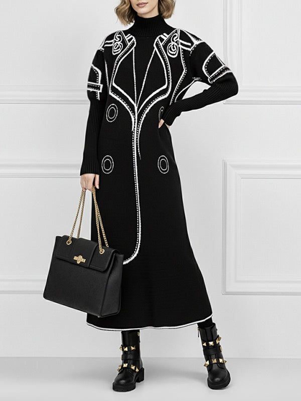 Dam Hösttröjklänning i Midi med Halv Polokrage och Tryckt Mönster