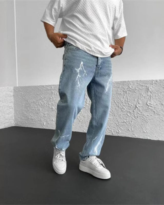 Herr Vår Raka Byxor Tryckta Lösa Vida Ben Denim