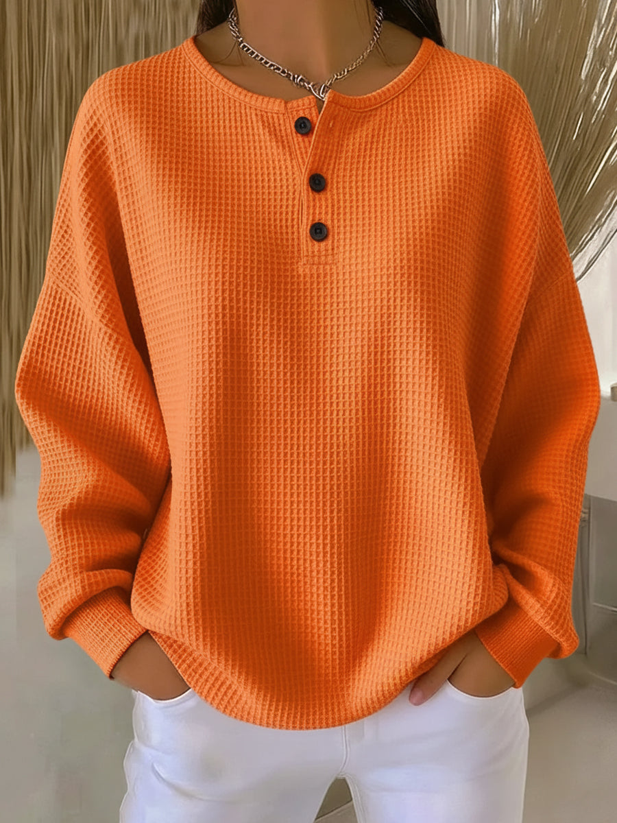 Kvinna Sweatshirt Med Henley-Hals och Waffle Stickning