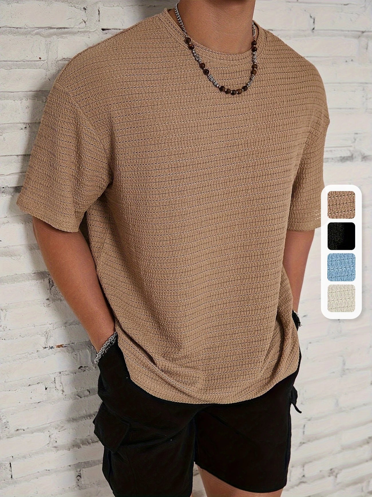Herr Texturerad Stickad T-Shirt Avslappnad Passform Nedsänkta Axlar
